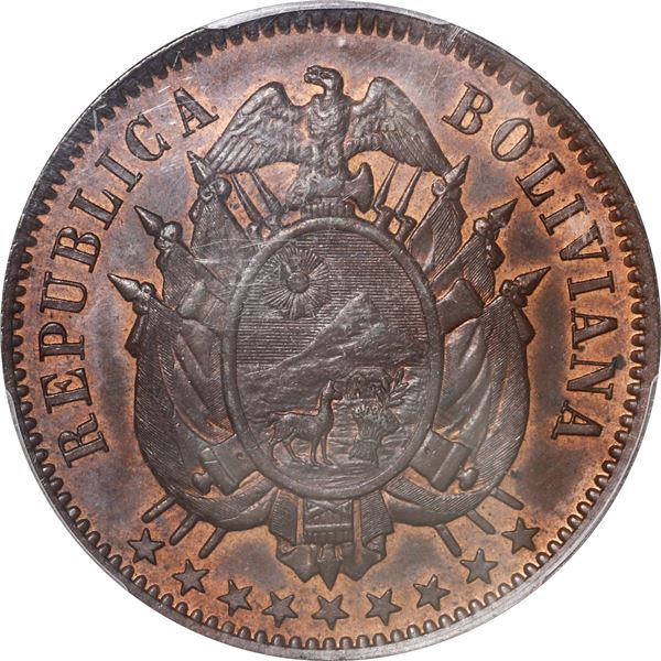 BOLIVIA, struck at the Paris Mint, bronze essai 2 centavos, 1883-EG, PCGS SP64 Brown.