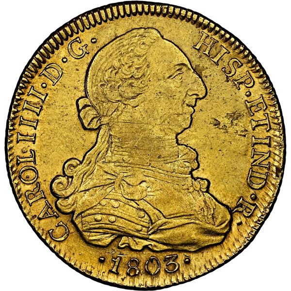 CHILE, Santiago, gold bust 8 escudos, Charles IV (bust of Charles III), 1803 FJ/JJ, rare, NGC AU 55.