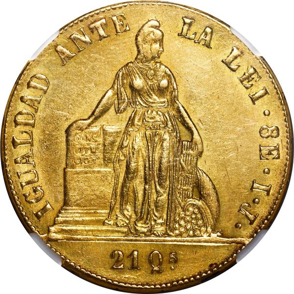 CHILE, Santiago, gold 8 escudos, 1846 IJ, JUNIO on edge, NGC AU details / removed from jewelry.
