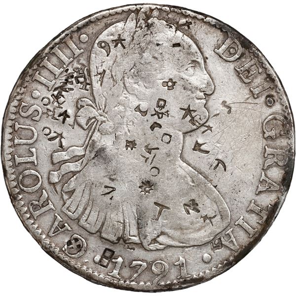 CHINA, dollar, many small chopmarks on a Mexico City, Mexico, bust 8 reales, Charles IV, 1791 FM.