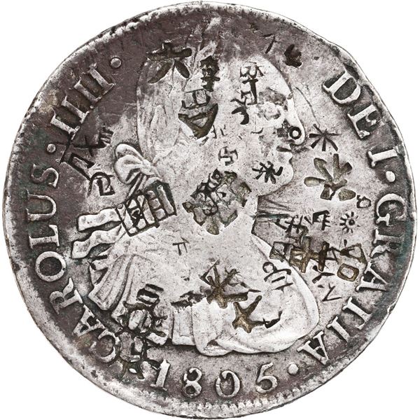 CHINA, dollar, many large and small chopmarks on a Lima, Peru, bust 8 reales, Charles IV, 1805 JP.