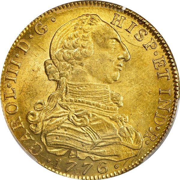 COLOMBIA, Bogotá, gold bust 8 escudos, Charles III, 1776 JJ, no dot in assayer, PCGS UNC details / t