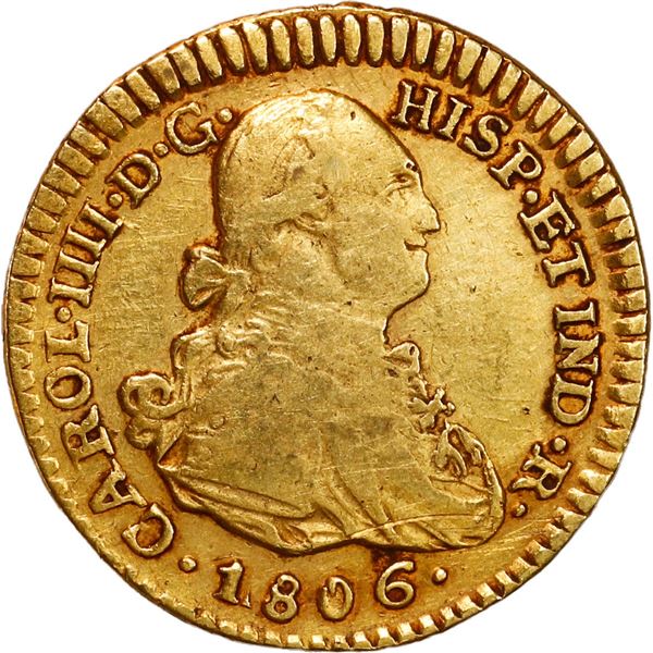 COLOMBIA, Popayán, gold bust 1 escudo, Charles IV, 1806 JF.