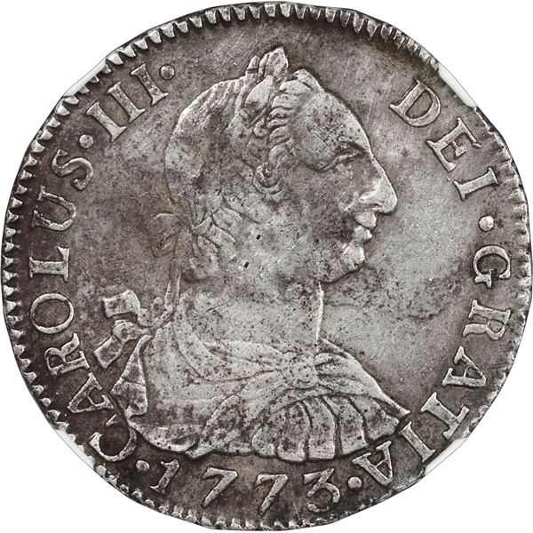 COLOMBIA, Bogotá, bust 2 reales, Charles III, 1773 VJ, NGC XF details / environmental damage.