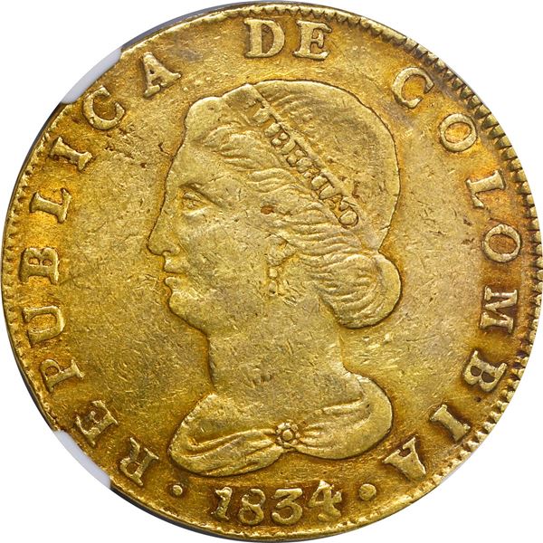 COLOMBIA, Bogotá, gold 8 escudos, 1834 RS, NGC XF details / cleaned.