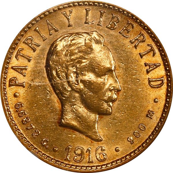 CUBA, struck at the Philadelphia mint, gold 4 pesos, 1916, José Martí, NGC AU 55.