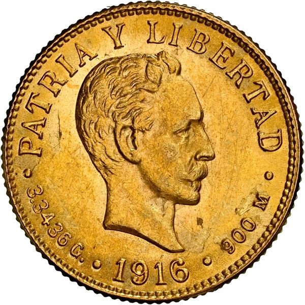 CUBA, struck at the Philadelphia mint, gold 2 pesos, 1916, José Martí, NGC UNC details / obv cleaned