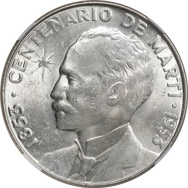 CUBA, struck at the Philadelphia mint, 1 peso, 1953, José Martí centennial, NGC MS 62, ex-Busto.