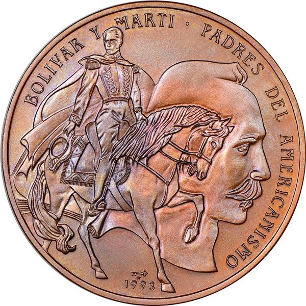 CUBA, Havana mint, copper off-metal 1 peso, 1993, Bolívar and Marti, arms with plain field, NGC MS 6