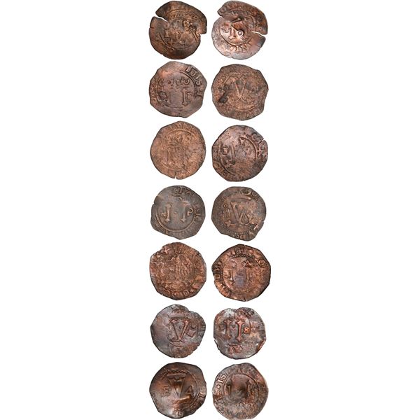 DOMINICAN REPUBLIC, Santo Domingo, lot of seven copper 4 maravedís, Charles-Joanna, assayers F or oF