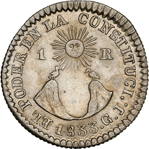 ECUADOR, Quito, 1 real, 1833 GJ, NGC AU details / cleaned.
