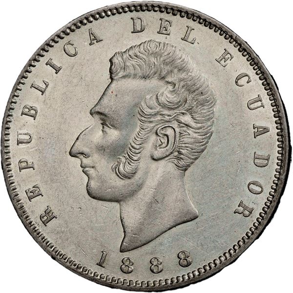 ECUADOR, struck at the Santiago mint, 1 sucre, 1888 DT, PCGS AU53.
