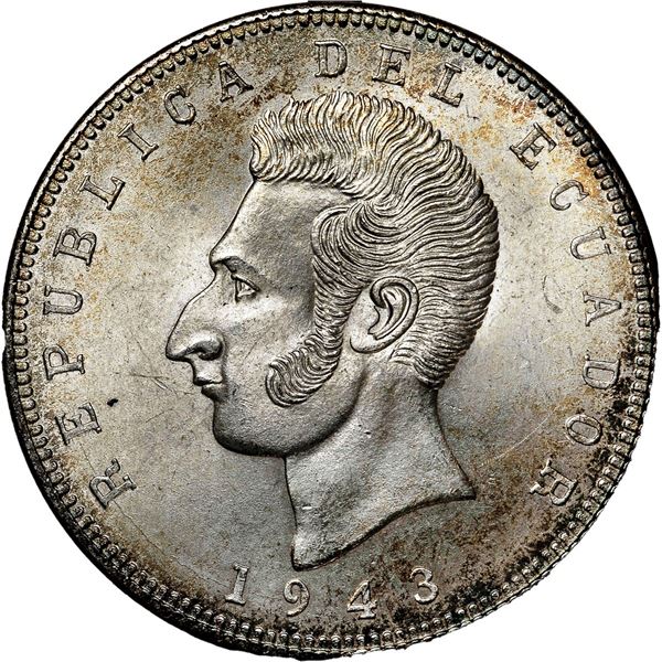 ECUADOR, struck at the Mexico City Mint, 5 sucres, 1943, NGC MS 65 (Eric P. Newman Collection label)