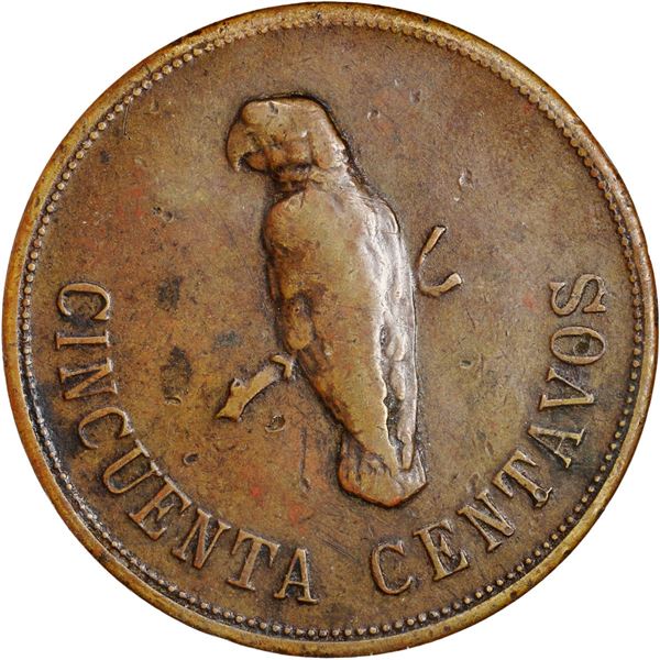 EL SALVADOR, copper 4 reales / 50 centavos token, no date (late 1800s), California / Miguel Angel Gu
