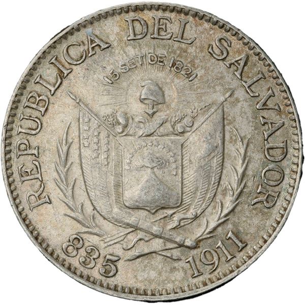 EL SALVADOR, struck at the Heaton Mint in Birmingham, England, 25 centavos, 1911, PCGS AU55.