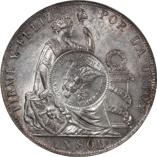 GUATEMALA, 1 peso, "½ real" counterstamp of 1894 on a Lima, Peru, 1 sol, 1889 TF, NGC MS 61.