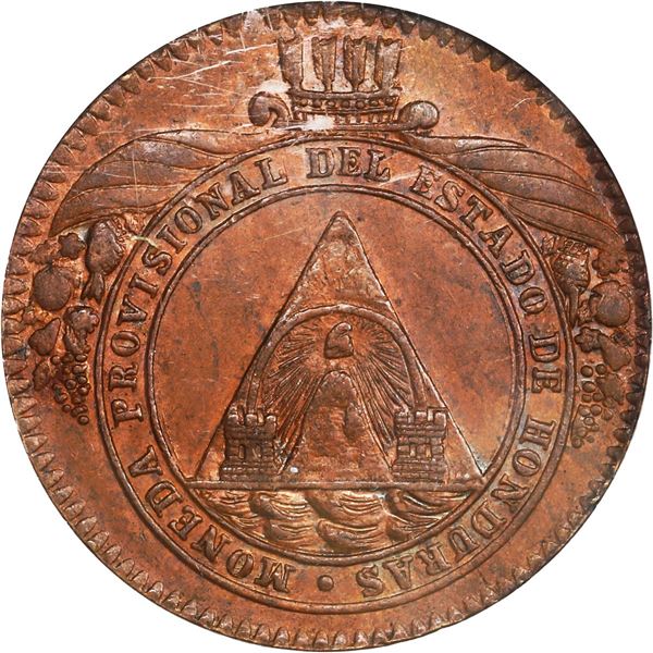 HONDURAS, Tegucigalpa, copper provisional 2 pesos, 1862-A, NGC MS 61 BN.