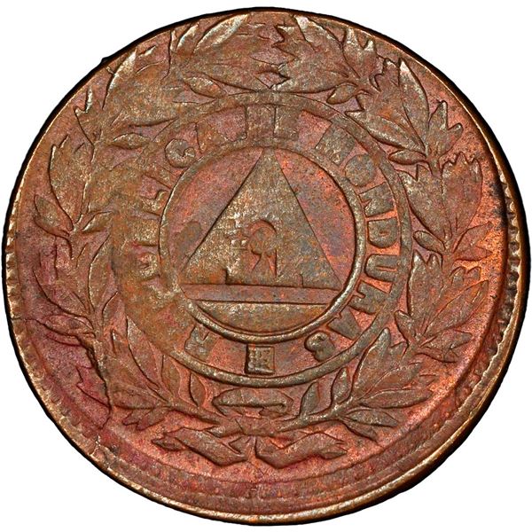 HONDURAS, Tegucigalpa, copper 1 centavo, 1910, mule with altered 5-centavos reverse, PCGS AU58.