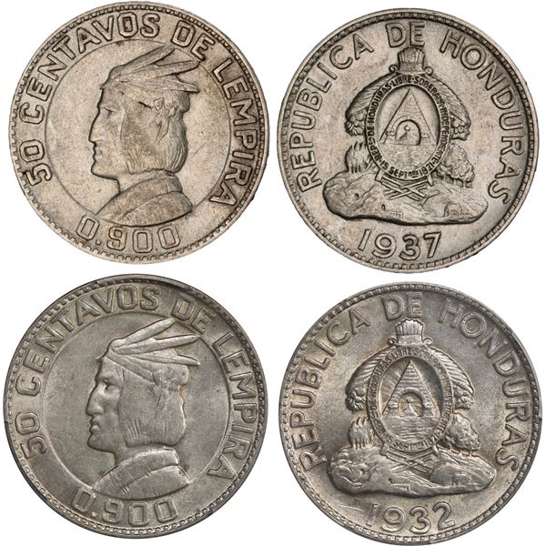 HONDURAS, lot of two 50 centavos, 1932 and 1937, both PCGS AU 58.