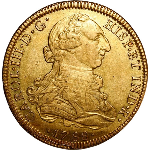 MEXICO, Mexico City, gold bust 8 escudos, Charles III, 1788 FM, mintmark and assayer facing rim.