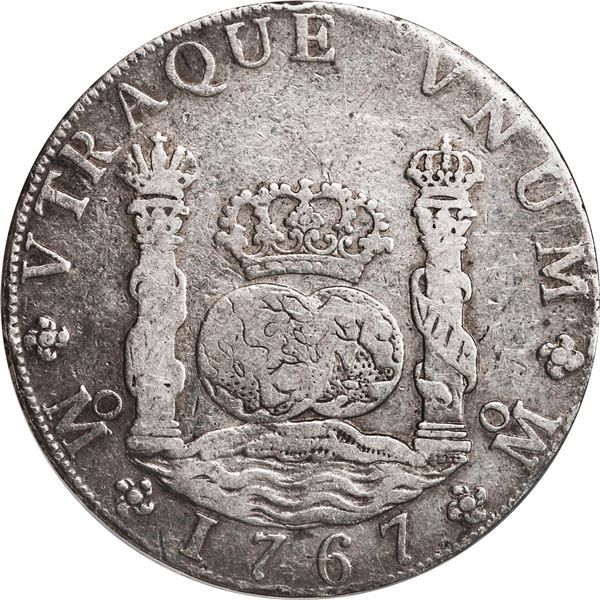 MEXICO, Mexico City, pillar 8 reales, Charles III, 1767 MF, ANACS F 15.
