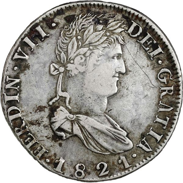 MEXICO, Zacatecas, bust 8 reales, Ferdinand VII, 1821 RG, variety with upside-down V for A in HISPAN
