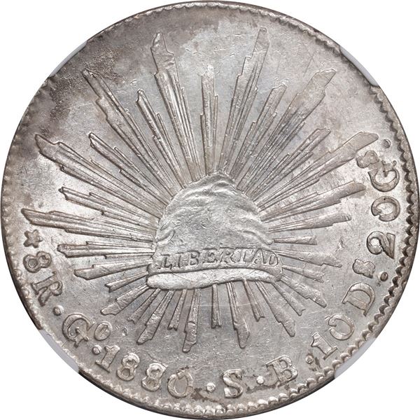 MEXICO, Guanajuato, cap-and-rays 8 reales, 1880/70 SB, NGC UNC details / stained.