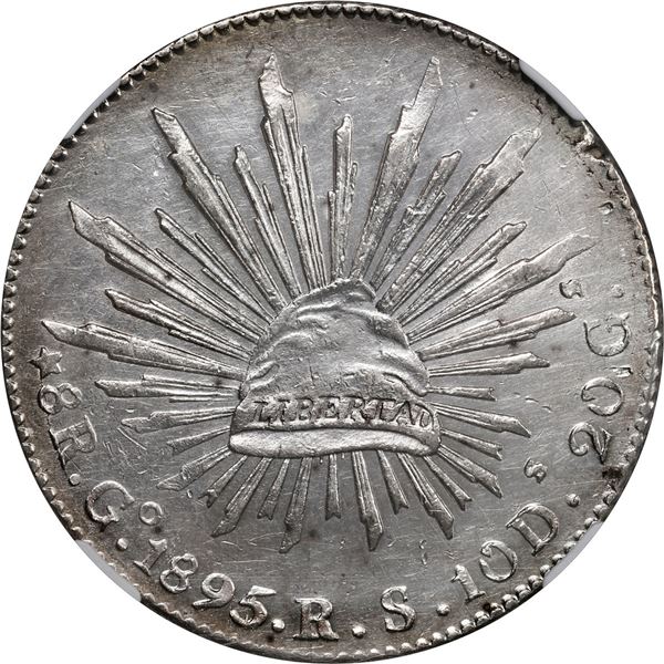 MEXICO, Guanajuato, cap-and-rays 8 reales, 1895/1 RS, NGC AU details / cleaned.