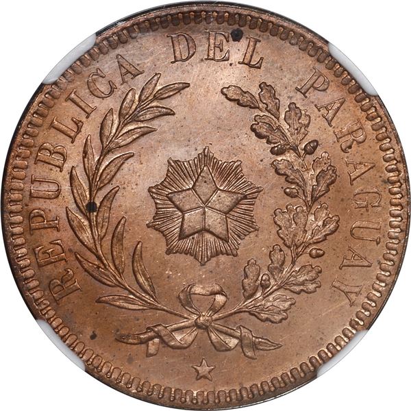 PARAGUAY, struck at the Heaton Mint in Birmingham, England, copper 2 centésimos, 1870-SHAW, NGC MS 6