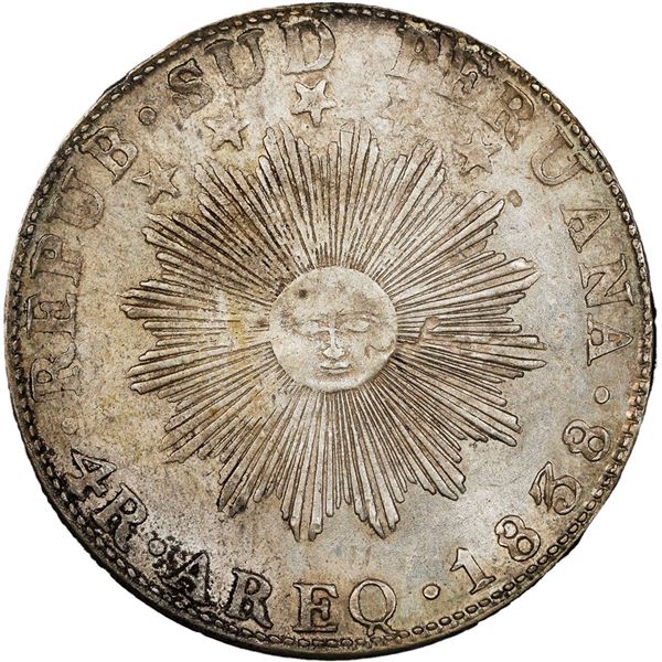 PERU (Republic of South Peru), Arequipa, 4 reales, 1838 MV, small date, PCGS AU details / cleaned, e