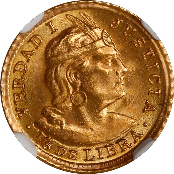 PERU, Lima, gold 1/5 libra, 1966 ZBR, NGC MS 68.