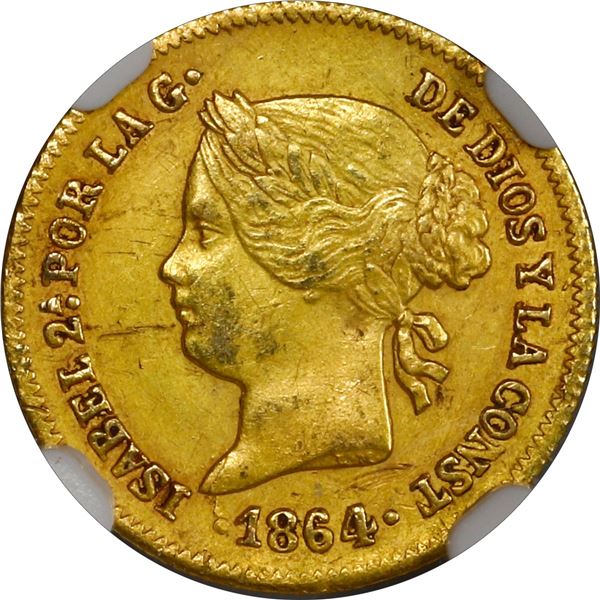 PHILIPPINES (under Spain), Manila, gold 1 peso, Isabel II, 1864, NGC AU details / rim filing, cleane