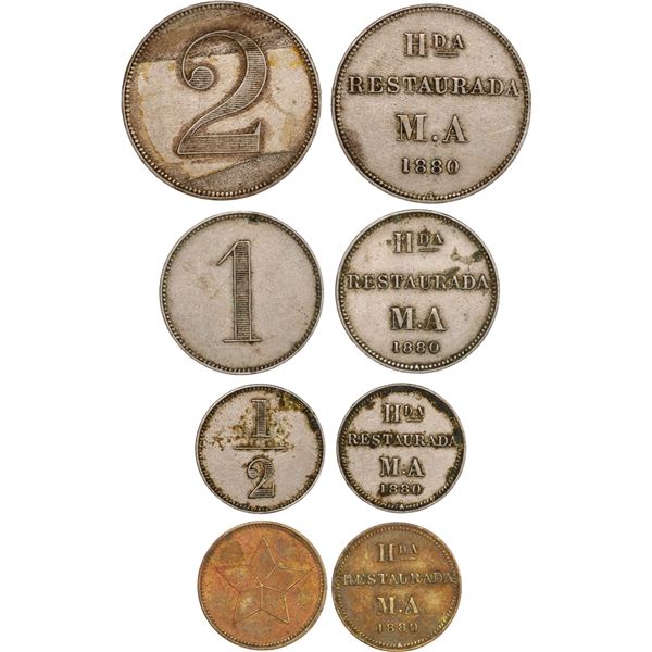 PUERTO RICO (under Spain), Ponce, lot of four 1880-dated base metal hacienda tokens: ¼, ½, 1, and 2 