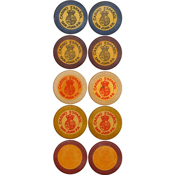 PUERTO RICO (U.S. administration), San Juan, Casino Español, complete type set of five casino chips,