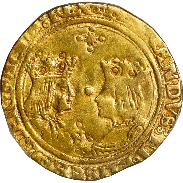 SPAIN, Seville, gold double excelente, Ferdinand-Isabel, assayer ? with four dots at top, dot in mid