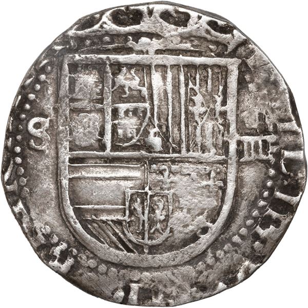 SPAIN, Seville, cob 4 reales, Philip II, assayer Gothic D at 4 o'clock outside tressure on reverse.