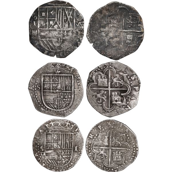 SPAIN, various mints, lot of three cob 2 reales, Philip II, one dated 1595, various assayers.