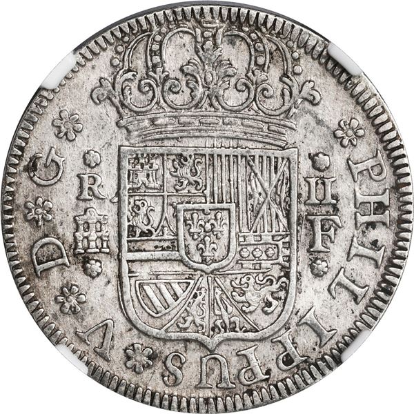 SPAIN, Segovia, milled 2 reales "pistareen," Philip V, 1724 F, NGC AU 53.