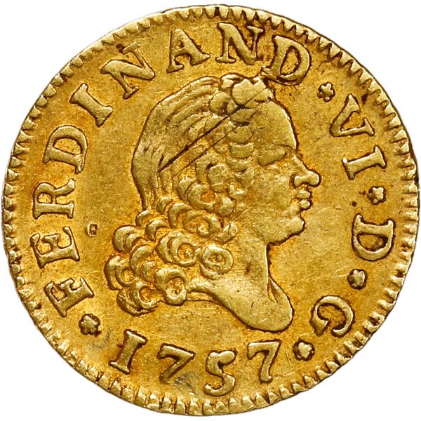 SPAIN, Madrid, gold bust ½ escudo, Ferdinand VI, 1757 JB.