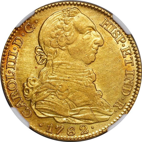 SPAIN, Madrid, gold bust 4 escudos, Charles III, 1782 JD, NGC AU details / cleaned.