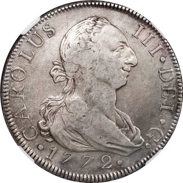 SPAIN, Seville, bust 8 reales, Charles III, 1772 CF, NGC VF details / surface hairlines.