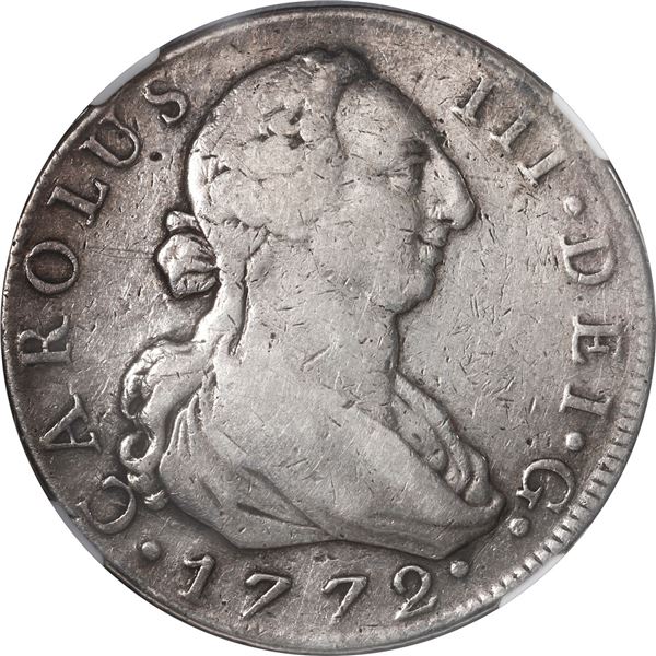 SPAIN, Madrid, bust 8 reales, Charles III, 1772 PJ, NGC VF details / damaged.