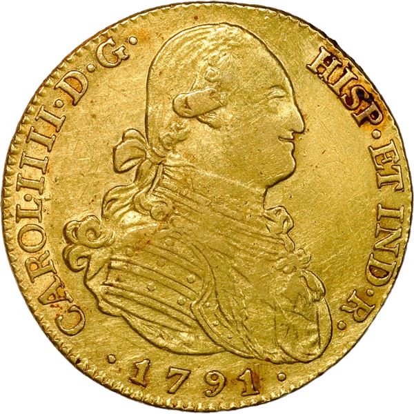 SPAIN, Madrid, gold bust 4 escudos, Charles IV, 1791 MF.