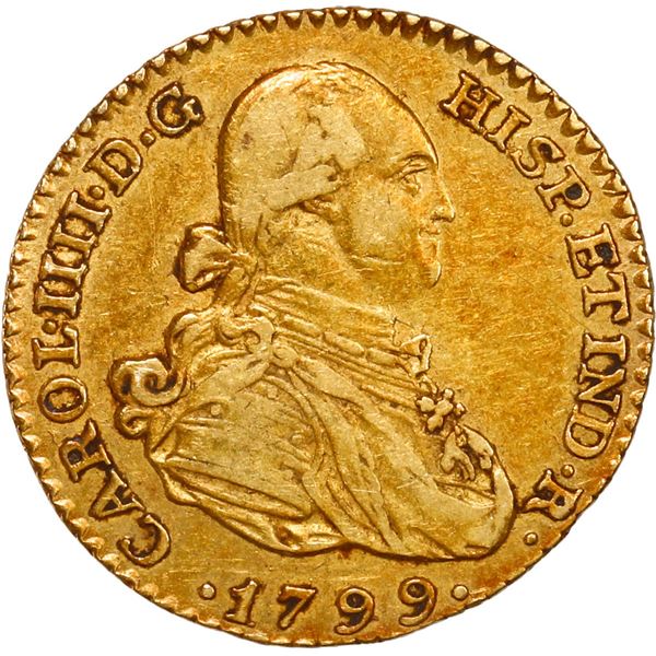 SPAIN, Madrid, gold bust 1 escudo, Charles IV, 1799 MF.