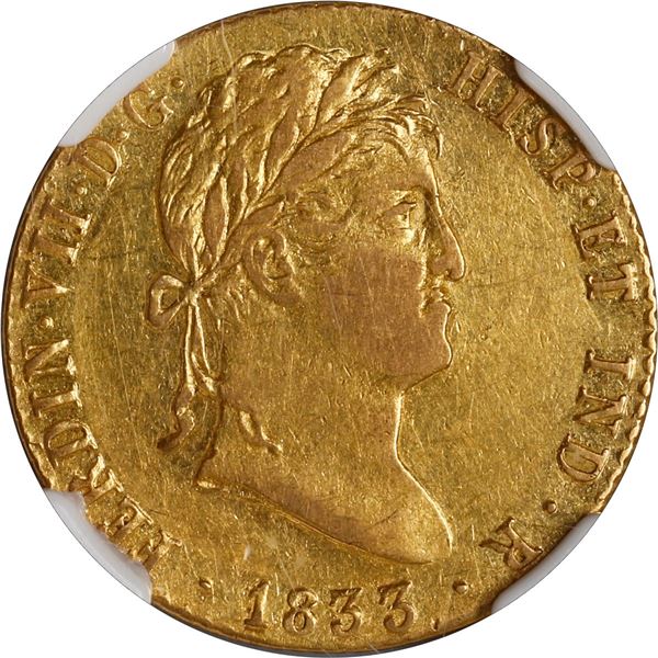 SPAIN, Madrid, gold bust 2 escudos, Ferdinand VII, 1833 AJ, NGC XF 45 ("US Legal Tender Until 1857" 