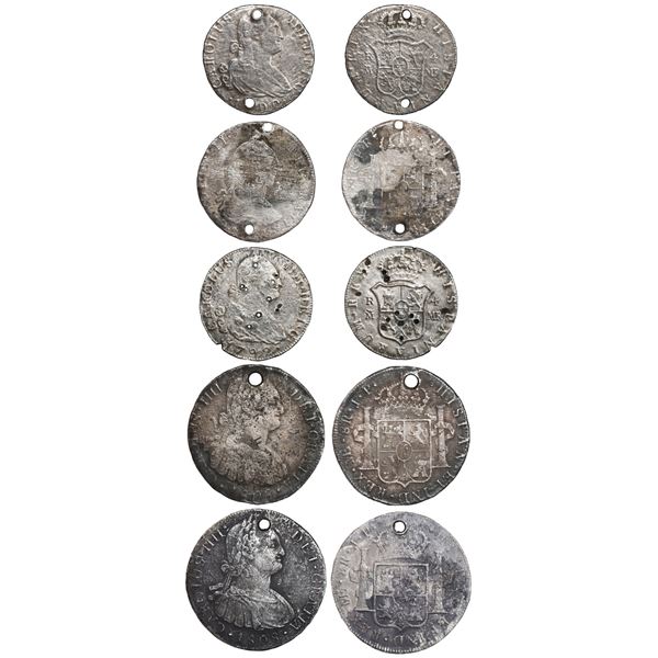 SPANISH COLONIAL (and SPAIN), various mints, lot of five bust 8R and 4R, various kings.