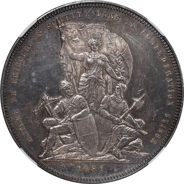 SWITZERLAND, Bern, 5 francs "shooting taler," 1881, Fribourg Shooting Festival, NGC MS 61.