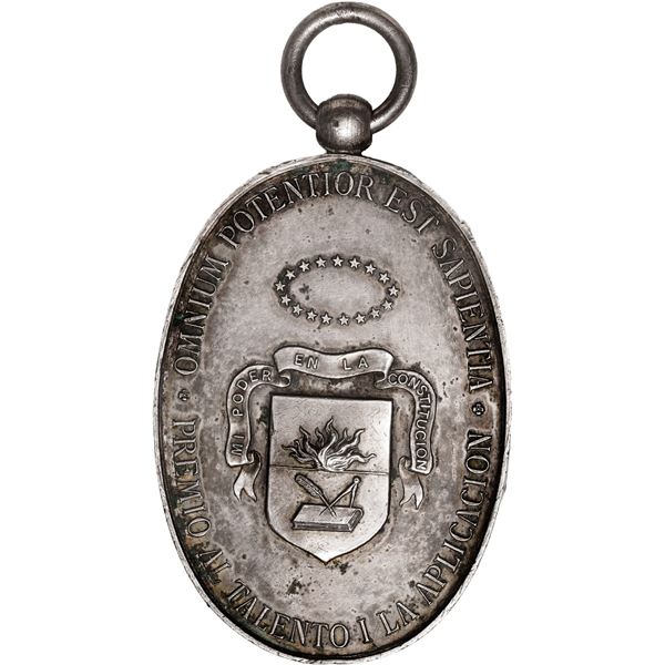 ECUADOR, large silver oval award medal with loop, 1800s, Central University of Ecuador.