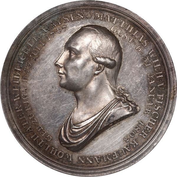 LATVIA, silver medal, dated 1804, Death of Mathias Wilhelm von Fischer, by Daniel Loos, NGC MS 61.