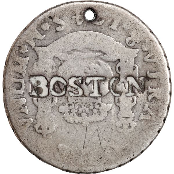 UNITED STATES, "two bit" token, countermark BOSTON on a Mexico City, Mexico, pillar 2 reales, Philip
